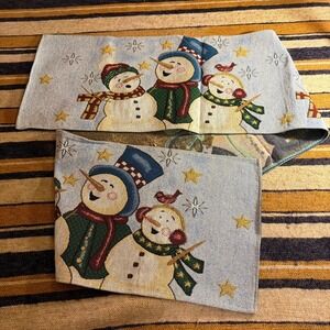 Holiday Snowman Woven Tapestry Table Runner Winter Christmas Decor Blue 90s VTG